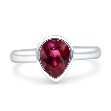 Bezel Set 9mmX7mm Pear Engagement Ring Simulated Ruby CZ 925 Sterling Silver Wholesale